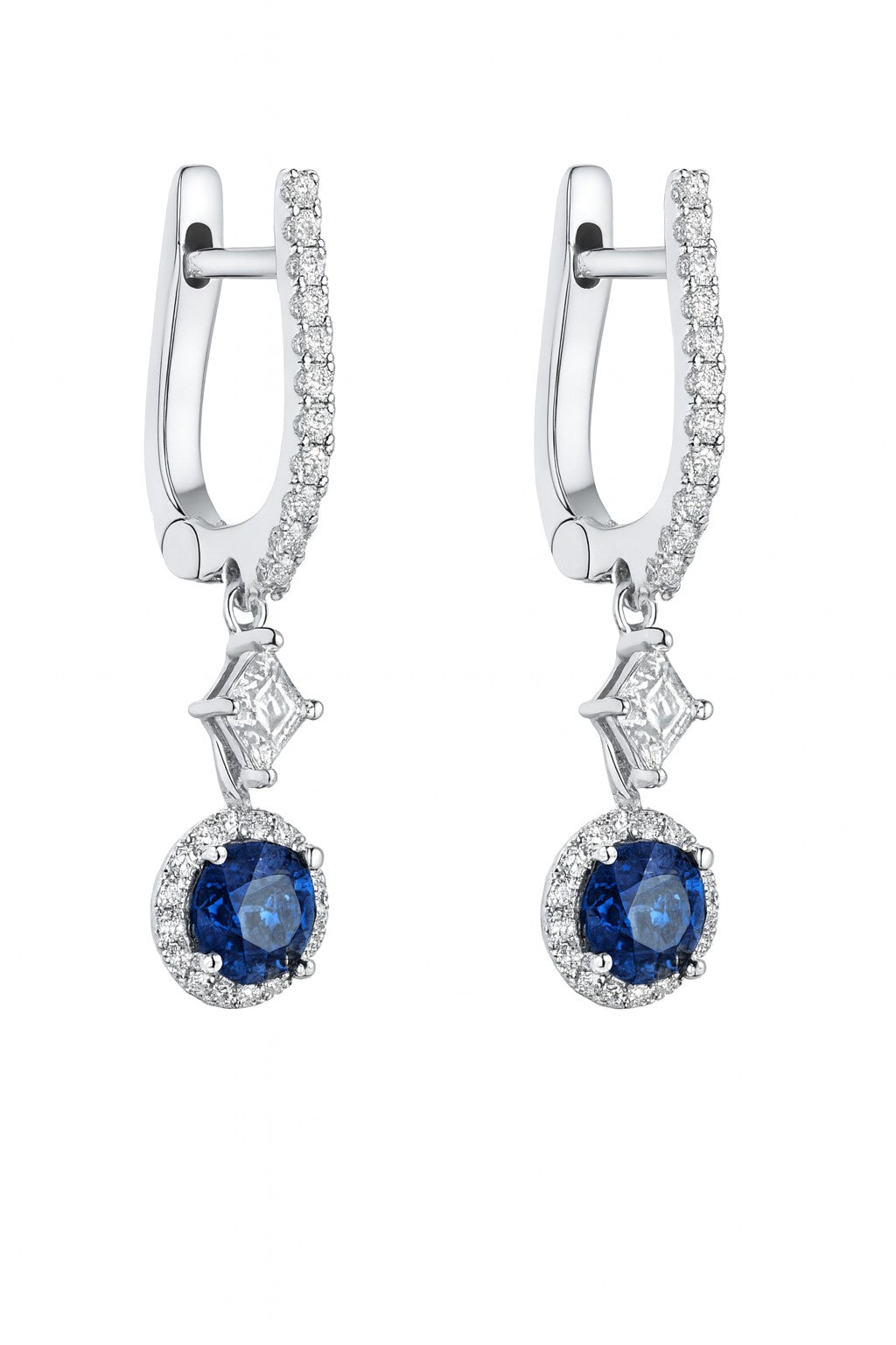 18K White Gold  1.81ct Sapphire & Diamond Halo Drop Earrings