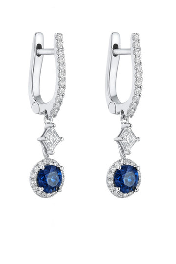 18K White Gold  1.81ct Sapphire & Diamond Halo Drop Earrings