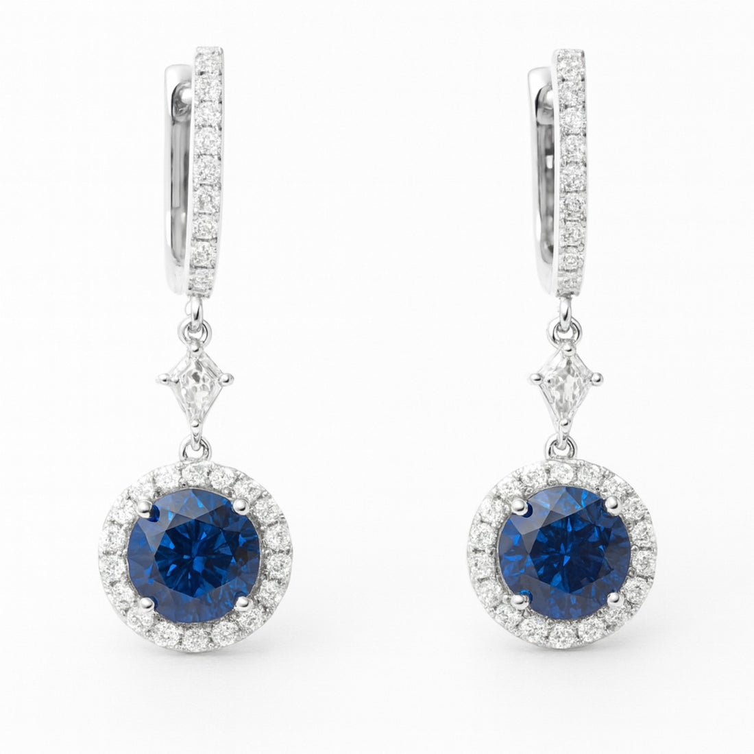 18K White Gold  1.81ct Sapphire & Diamond Halo Drop Earrings