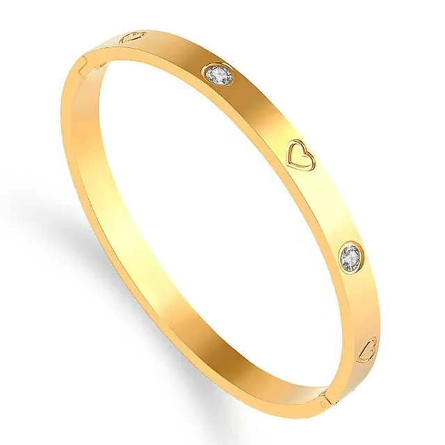 Non-Fading Titanium Steel Electroplated 18K Gold Heart Zircon Buckle Bracelet Bangle