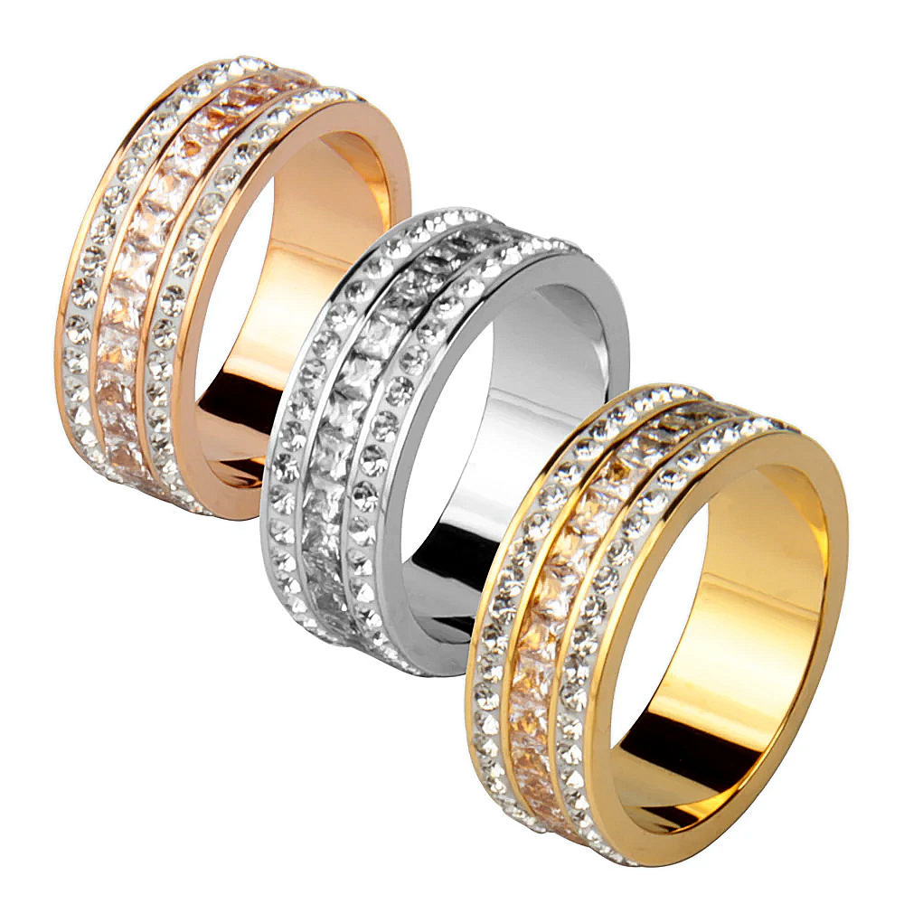 High End Inlaid Stainless Steel Roman Digital 3 raws Shining Bright Cubic Zirconia Rings