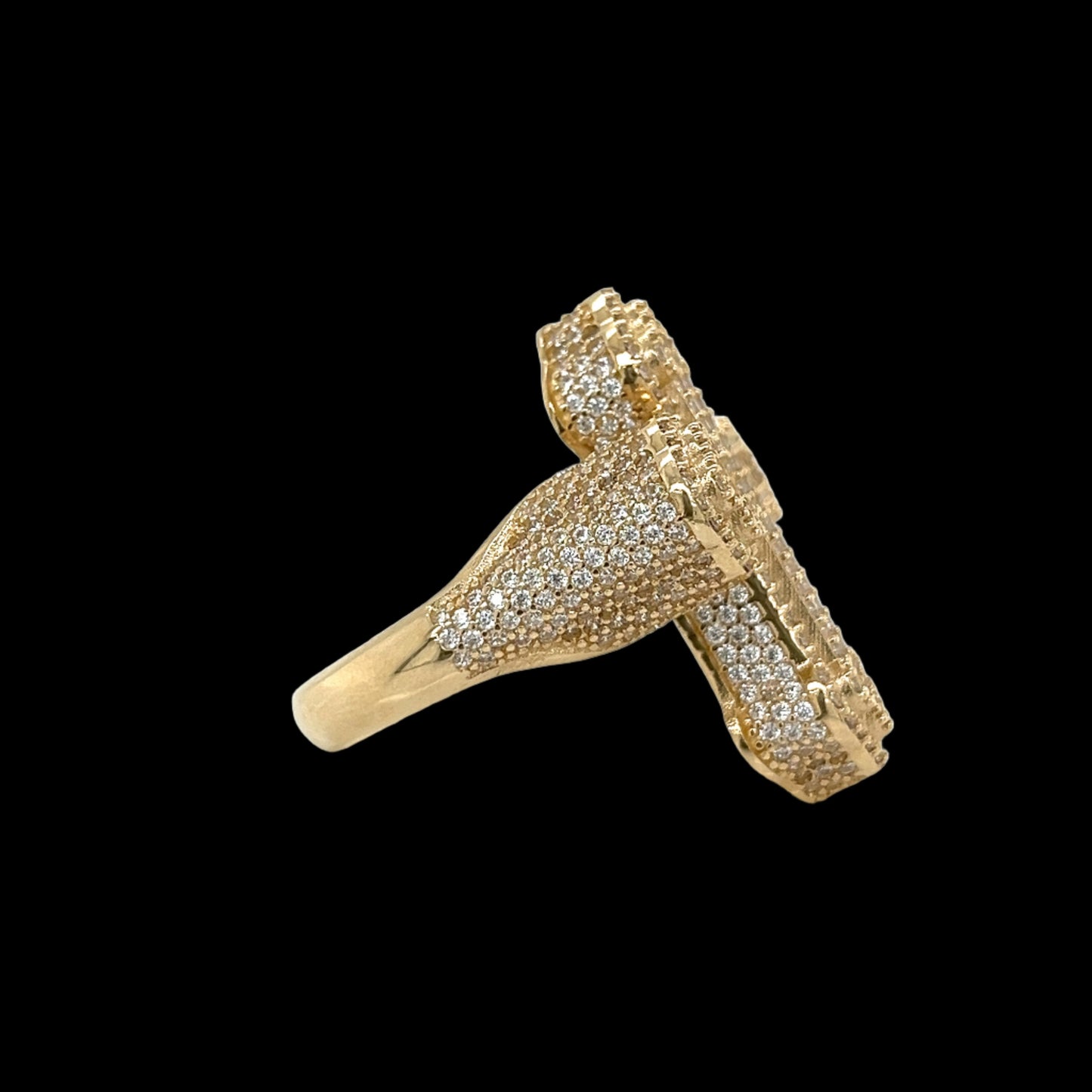 Anillo de cruz baguette 3D con circonita cúbica de oro de 14 quilates