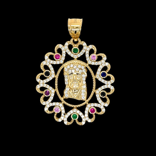 14K Gold Jesus Face With Colored Hearts Pendant