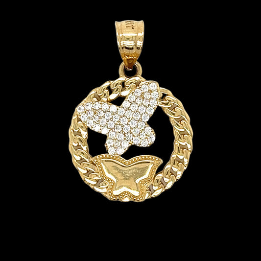 14K Gold Round Double Butterfly Pendant