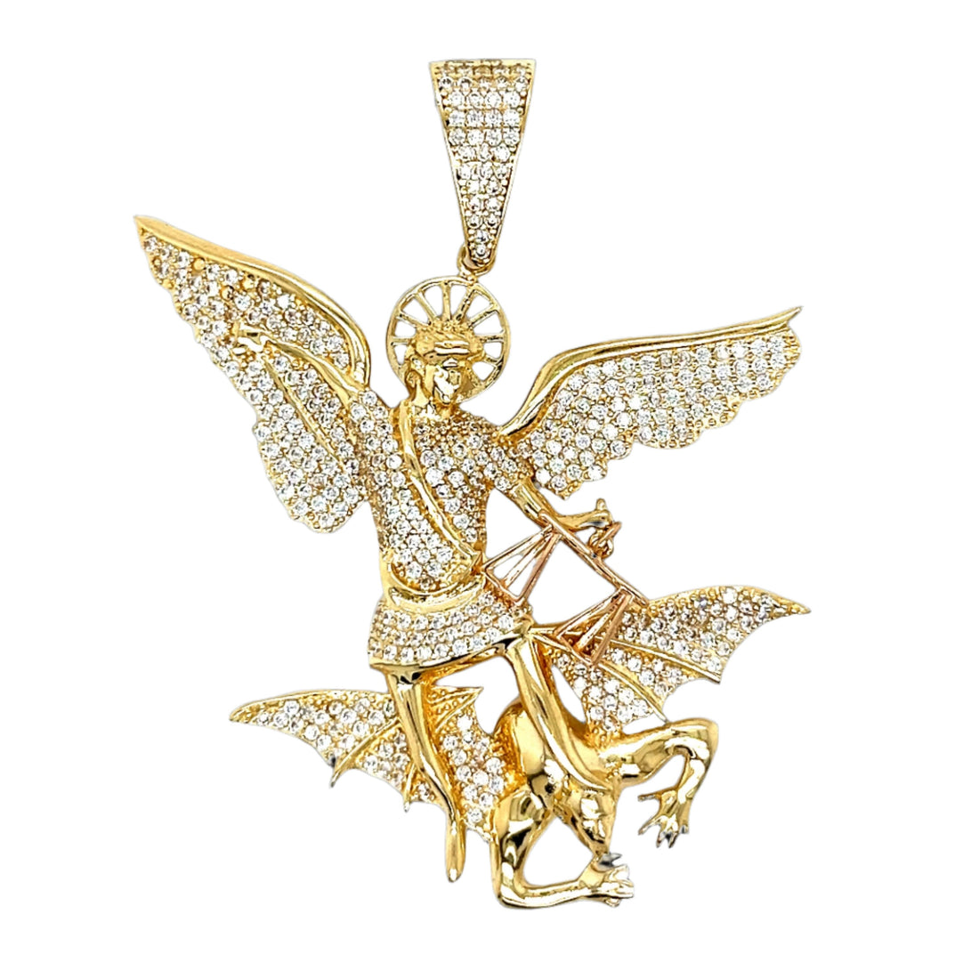 14K Gold Cubic ZIrconia Archangel Saint Michael 2.5" Solid Pendant Charm