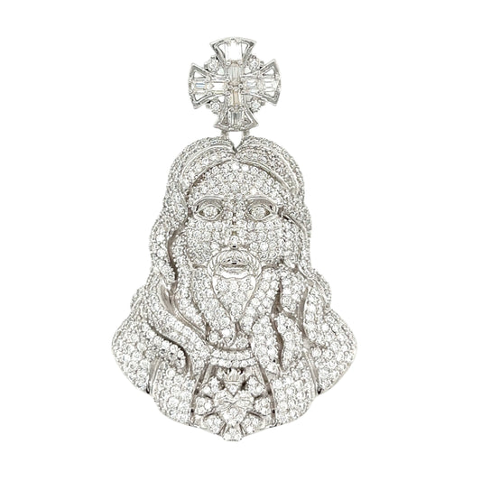 925 Sterling Silver Iced Out Baguette Zirconia Jesus Face Pendant Men's 45mm Charm - C421649