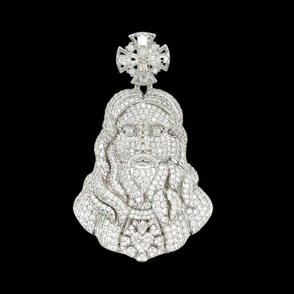 925 Sterling Silver Iced Out Baguette Zirconia Jesus Face Pendant Men's 45mm Charm - C421649