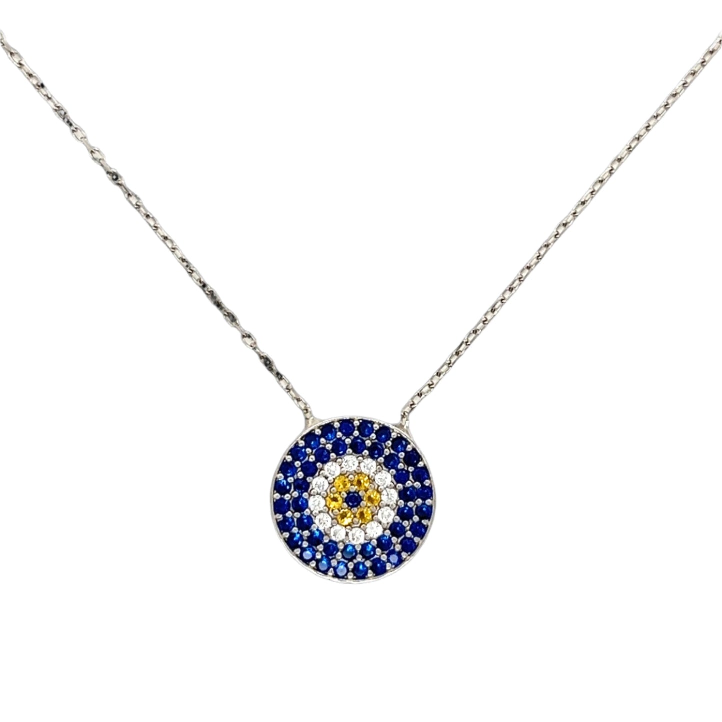 Evil Eye Bead Charm Blue Zirconia 18" Necklace Sterling Chain - C50259