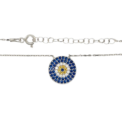 Evil Eye Bead Charm Blue Zirconia 18" Necklace Sterling Chain - C50259