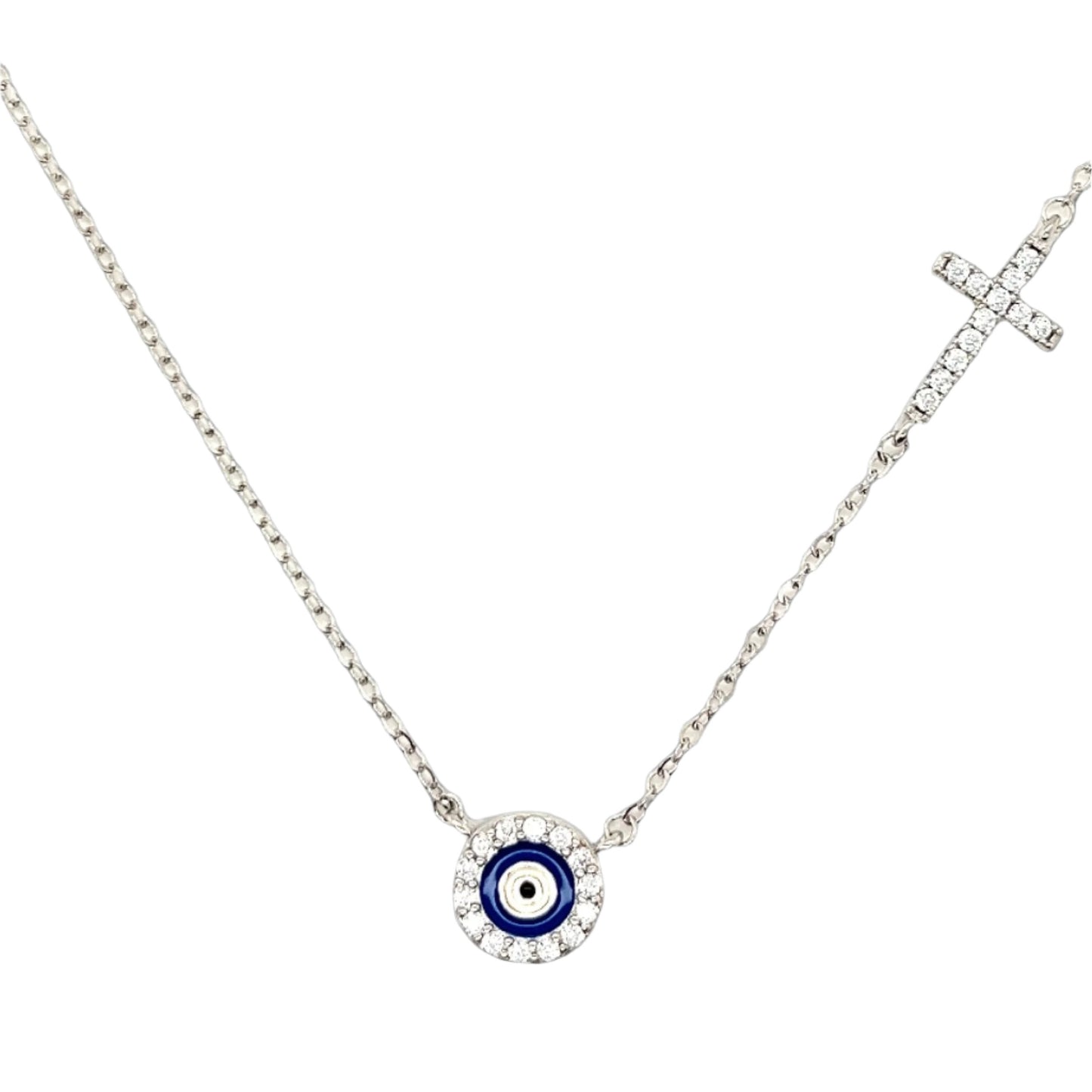 White Blue Evil Eye Protection Zirconia Cross Sterling 18" Necklace - C5169