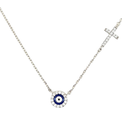 White Blue Evil Eye Protection Zirconia Cross Sterling 18" Necklace - C5169