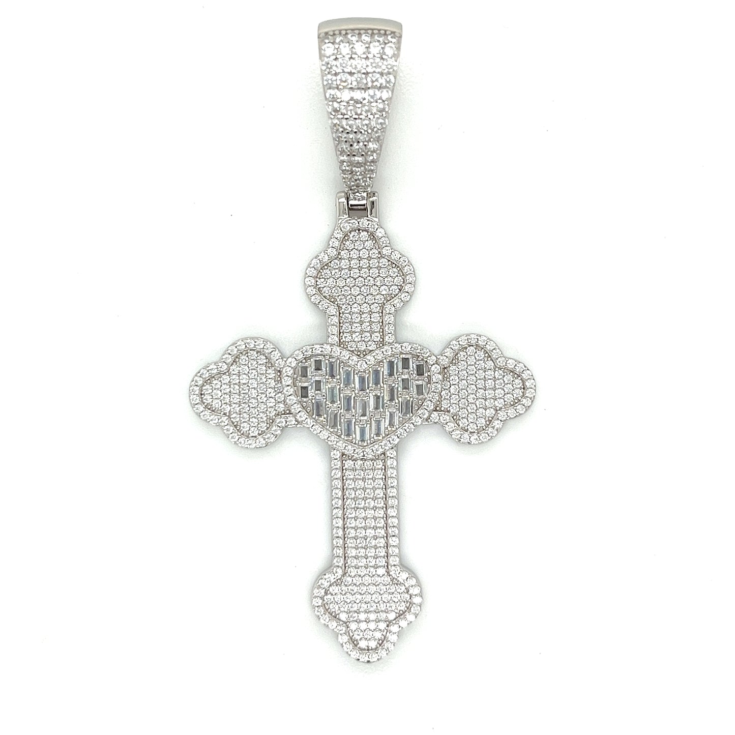 Heart Cross Sterling 2" Iced Out Baguette & Round Zirconia Pendant Charm - C400069