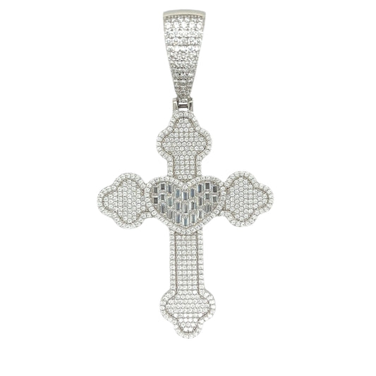 Moissanite Sterling 2" Heart Cross Pendant Charm - M400069