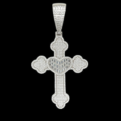 Heart Cross Sterling 2" Iced Out Baguette & Round Zirconia Pendant Charm - C400069