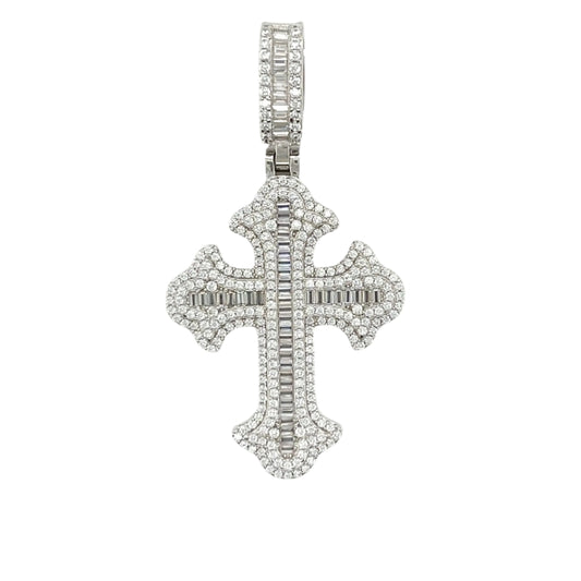 Sophisticate Round and Baguette Moissanite Cross 1.5" Pendant Charm - M400059