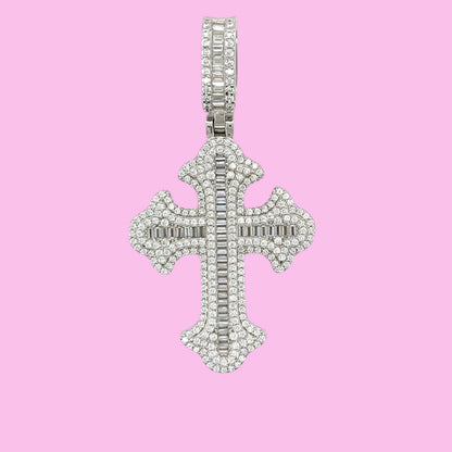 Sophisticate Round and Baguette Moissanite Cross 1.5" Pendant Charm - M400059