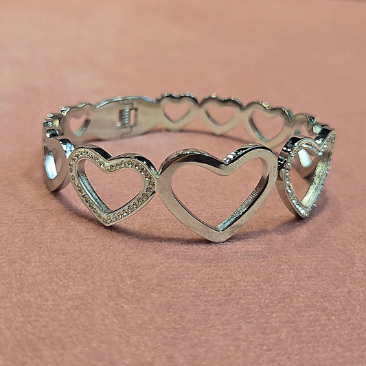 Cubic Zirconia Hearts High Polished Stainless steel bangle bracelet