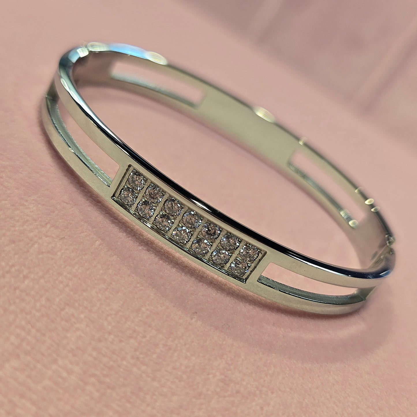 Square Round Cubic Zirconia Bangle Stainless Steel Bracelet