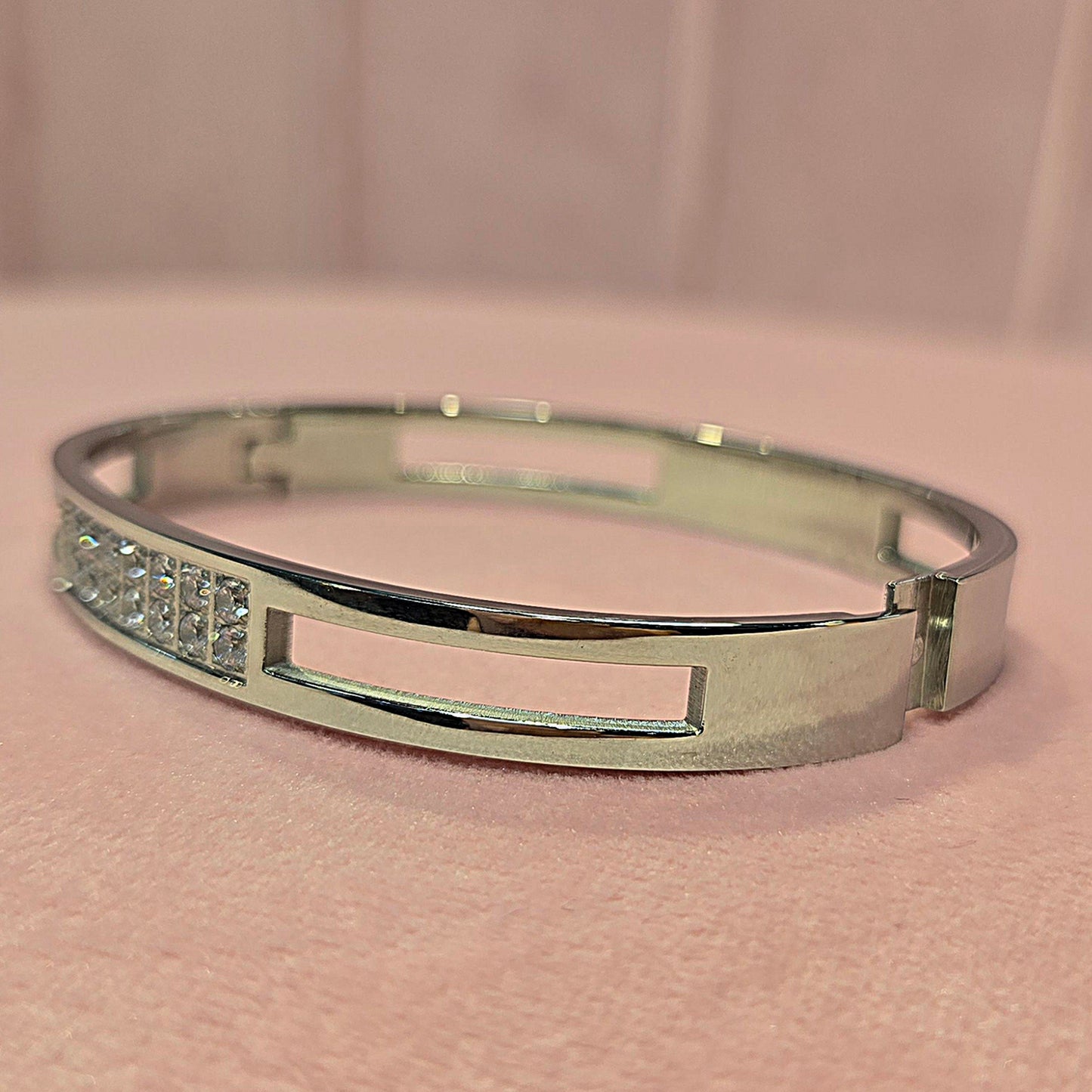 Square Round Cubic Zirconia Bangle Stainless Steel Bracelet