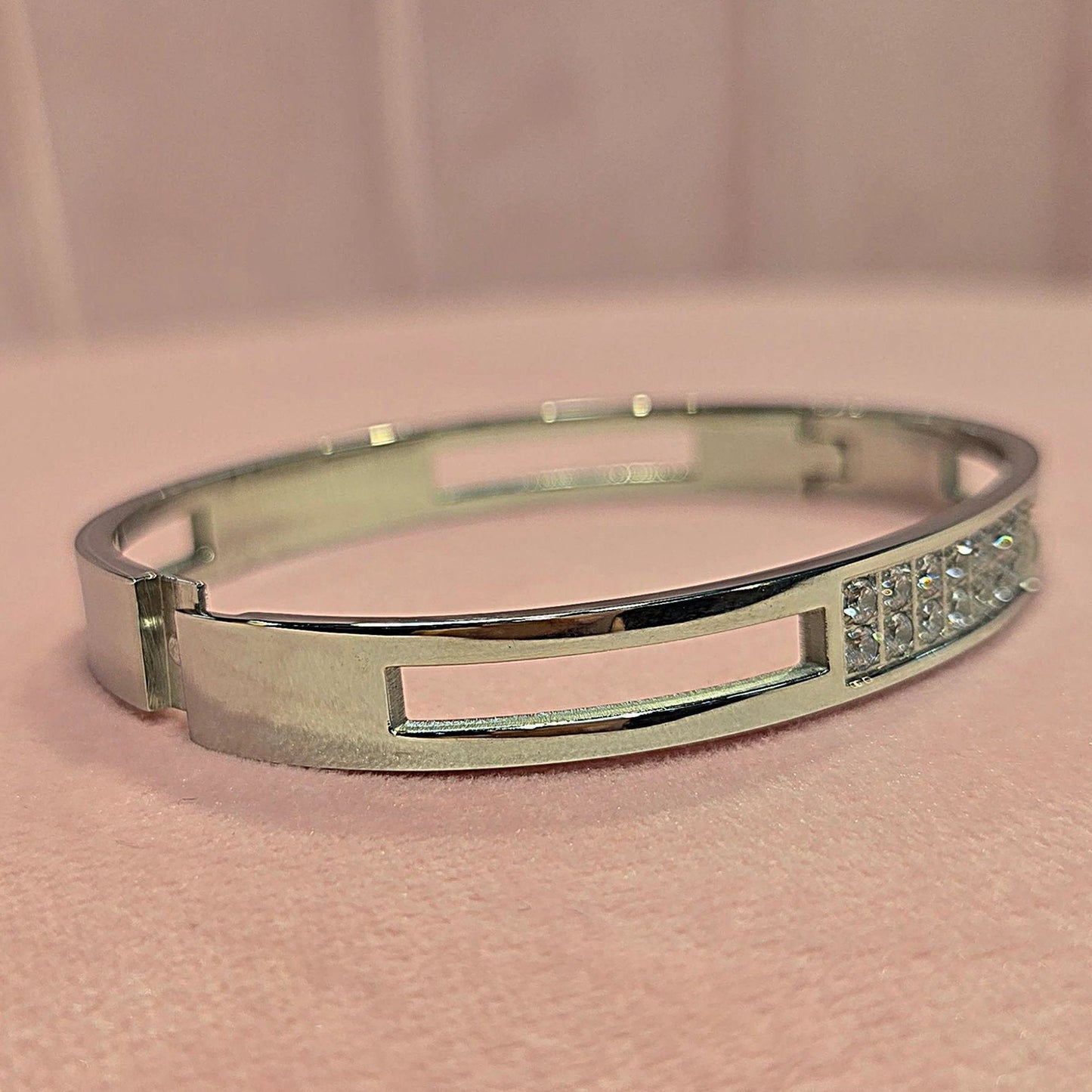 Square Round Cubic Zirconia Bangle Stainless Steel Bracelet