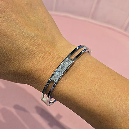 Square Round Cubic Zirconia Bangle Stainless Steel Bracelet