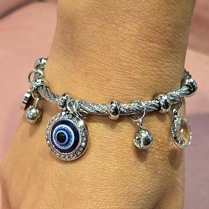 Adjustable Elements Blue Evil Eye Heart Stainless steel Cubic Zirconia Bangles Bracelets