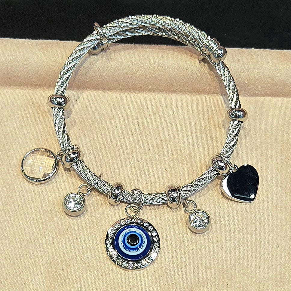 Adjustable Elements Blue Evil Eye Heart Stainless steel Cubic Zirconia Bangles Bracelets