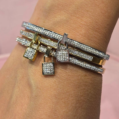 Cubic Zirconia Fancy Lock Stainless Steel Bangles Bracelets