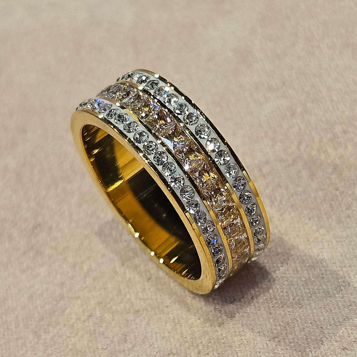 High End Inlaid Stainless Steel Roman Digital 3 raws Shining Bright Cubic Zirconia Rings