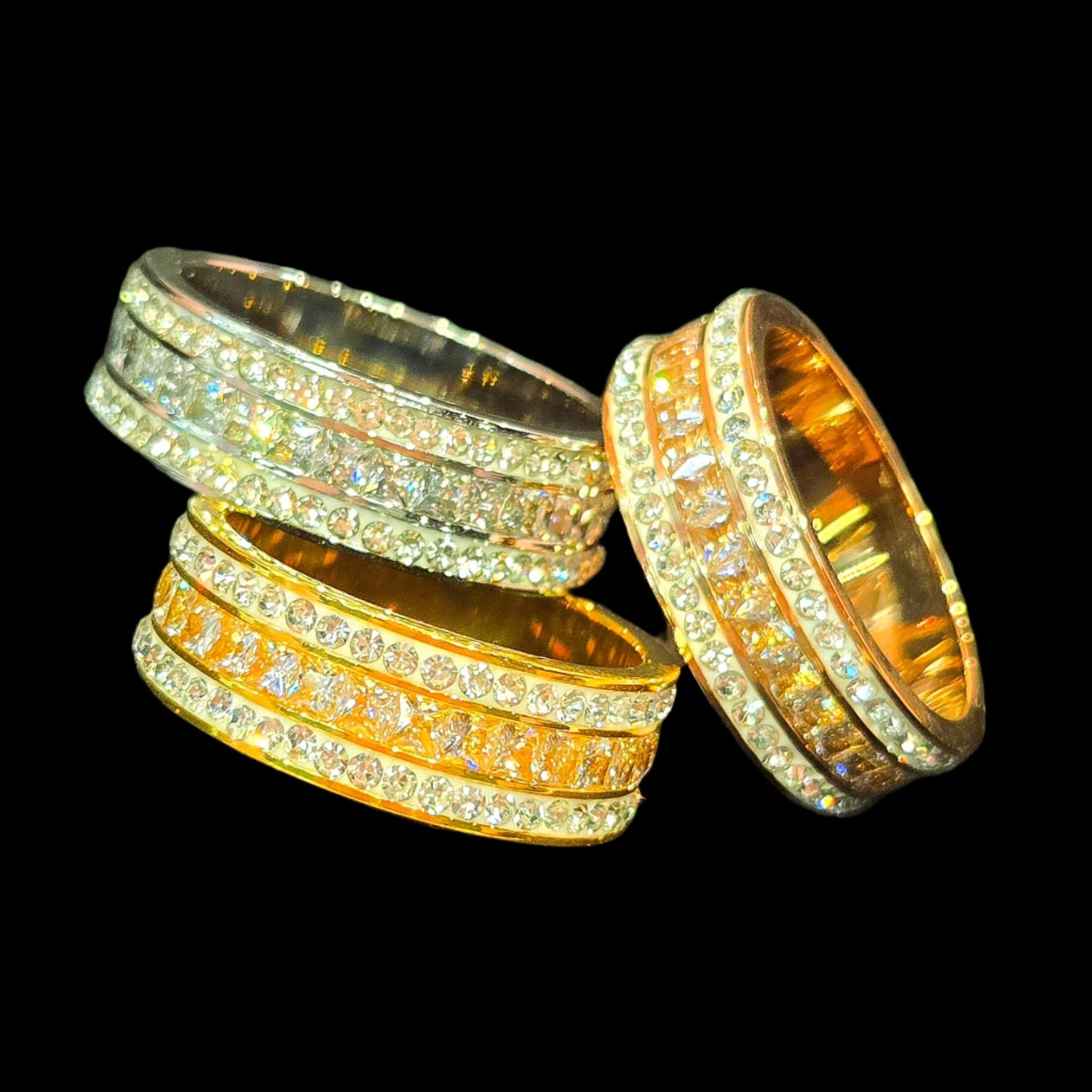 High End Inlaid Stainless Steel Roman Digital 3 raws Shining Bright Cubic Zirconia Rings