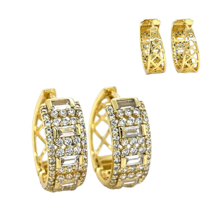 Wide Hoop Huggies Baguette CZ Multy Row Earrings - C250109