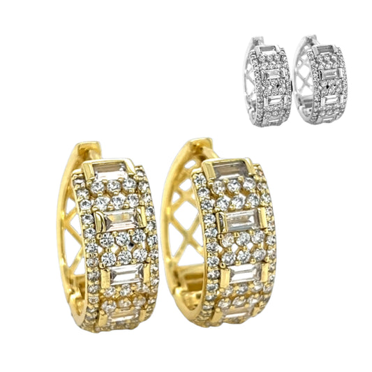 Wide Hoop Huggies Baguette CZ Multy Row Earrings - C250109