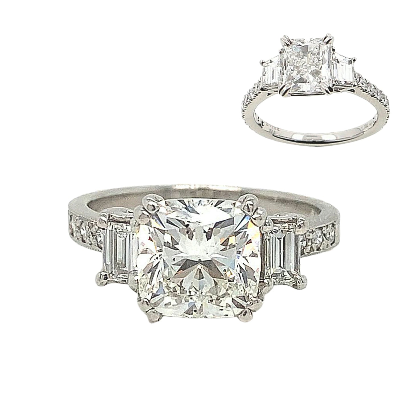 18k White Gold Three Natural Diamond Cushion and Emerald Cut Diamond Engagement Ring - 52638