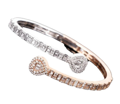 10k Rose-White Gold Baguette & Round Diamond Double Heart Unisex Bangle Bracelet