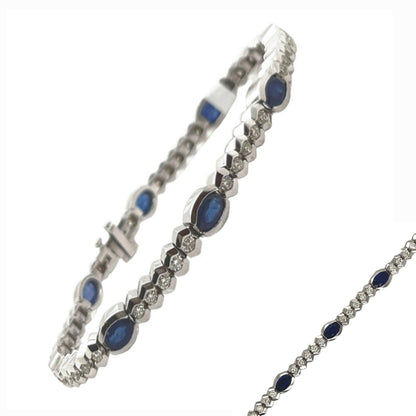 14k White Gold Blue Sapphire Oval Natural Diamond Bracelet