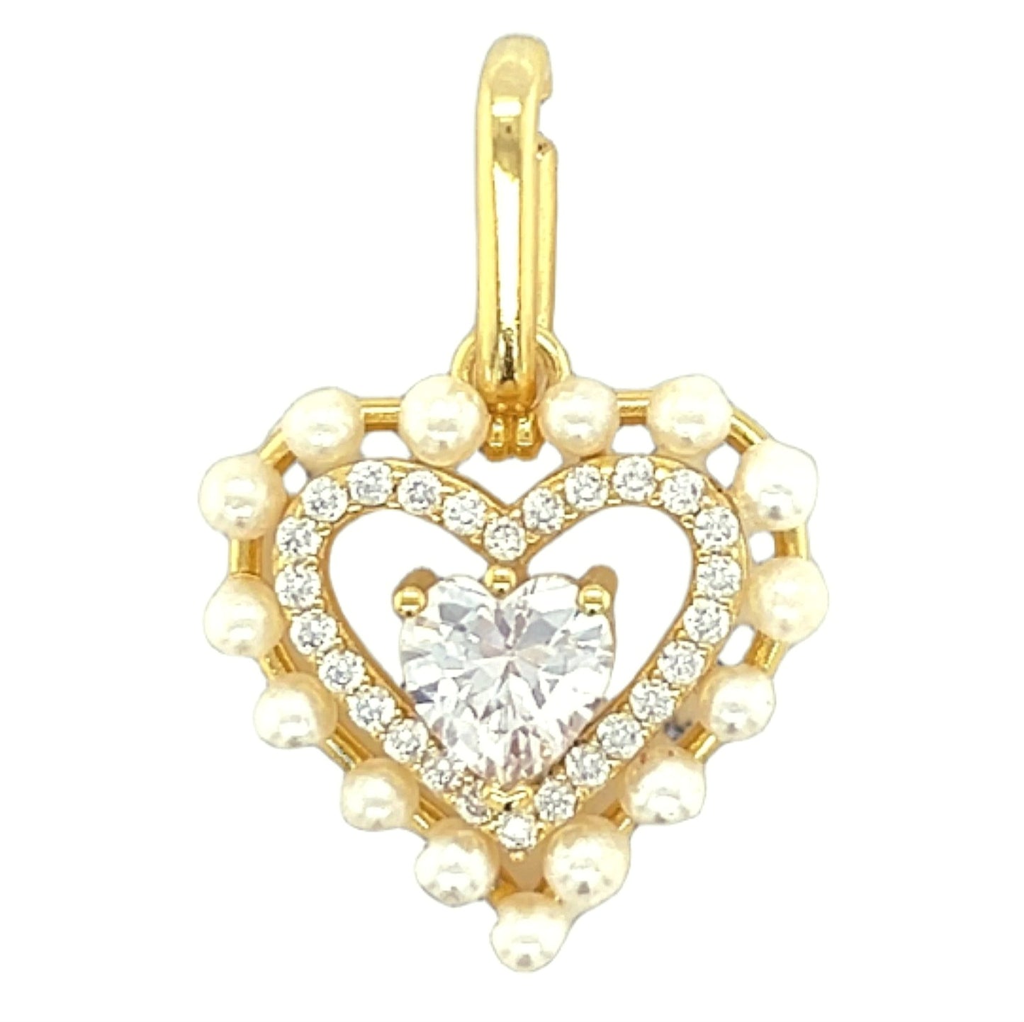 Pearls Zirconia Open Close Bail 1" Heart Pendant Charm - C415879