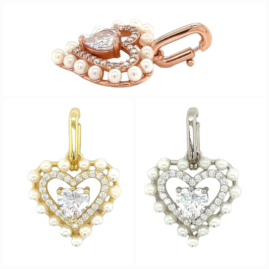 Pearls Zirconia Open Close Bail 1" Heart Pendant Charm - C415879