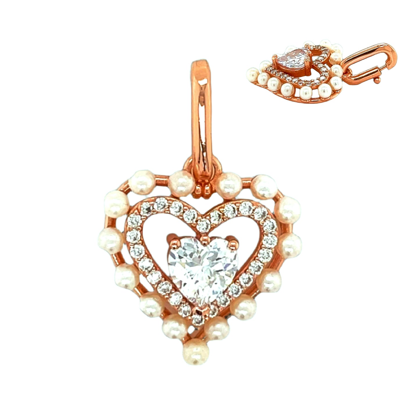 Pearls Zirconia Open Close Bail 1" Heart Pendant Charm - C415879