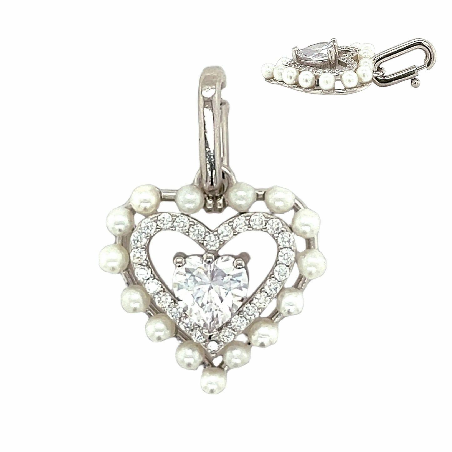 Pearls Zirconia Open Close Bail 1" Heart Pendant Charm - C415879