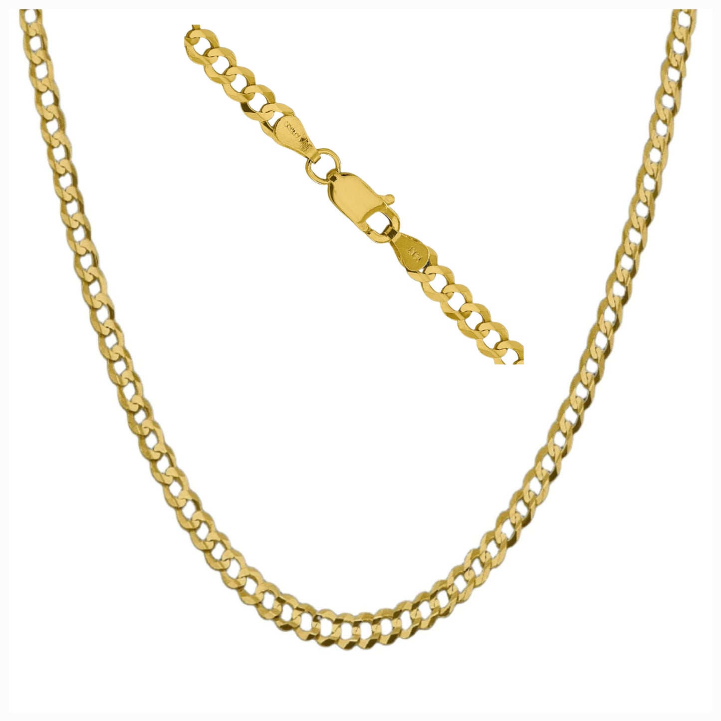 14K Solid Pure Gold Lobster Lock Flat Curb Link Cuban Chain Necklace