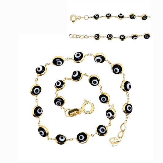 Protective 14K Pure Gold Black Evil Eye 7" Bracelet