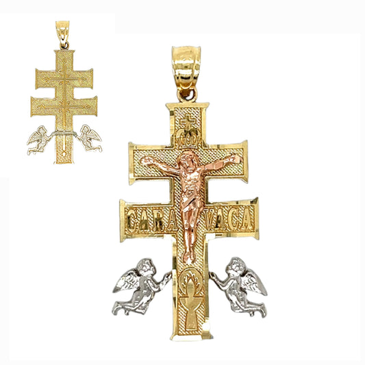 14K Solid Gold Tri Color Caravaca Crucifix Charm 1.5" Pendant