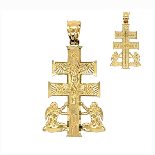 14K Gold Religious Crucifix Jesus Caravaca Cross Pendant 1.3" Charm