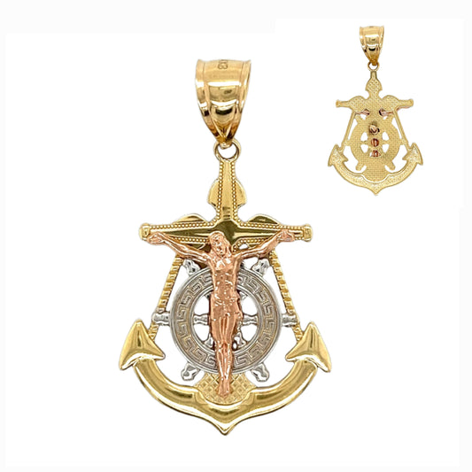 14K Yellow White Rose Gold Tri Color Jesus Anchor Mariner's Cross Crucifix Pendant