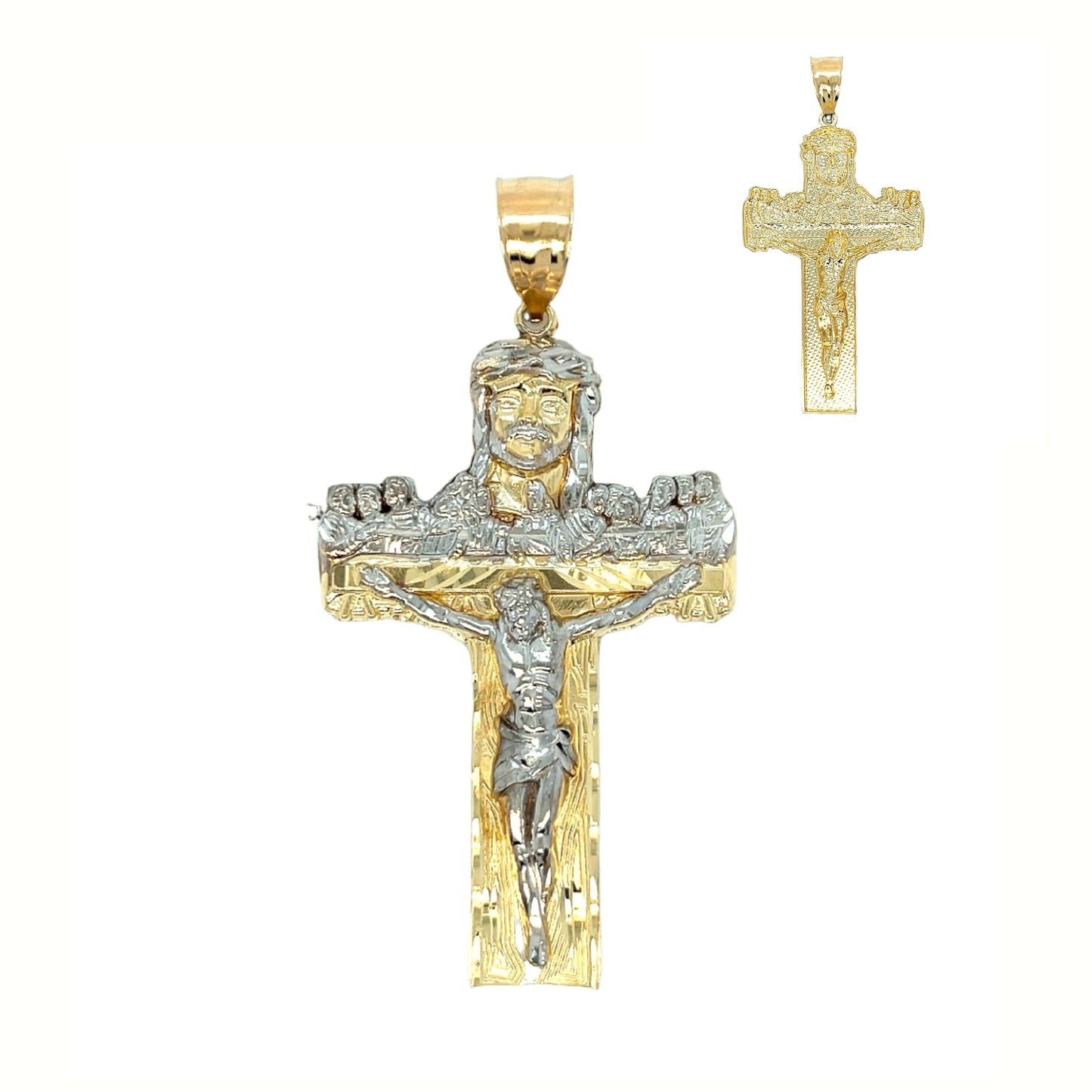 Crucifix 14k Gold Two Tone Jesus Cross Pendant 3" Charm