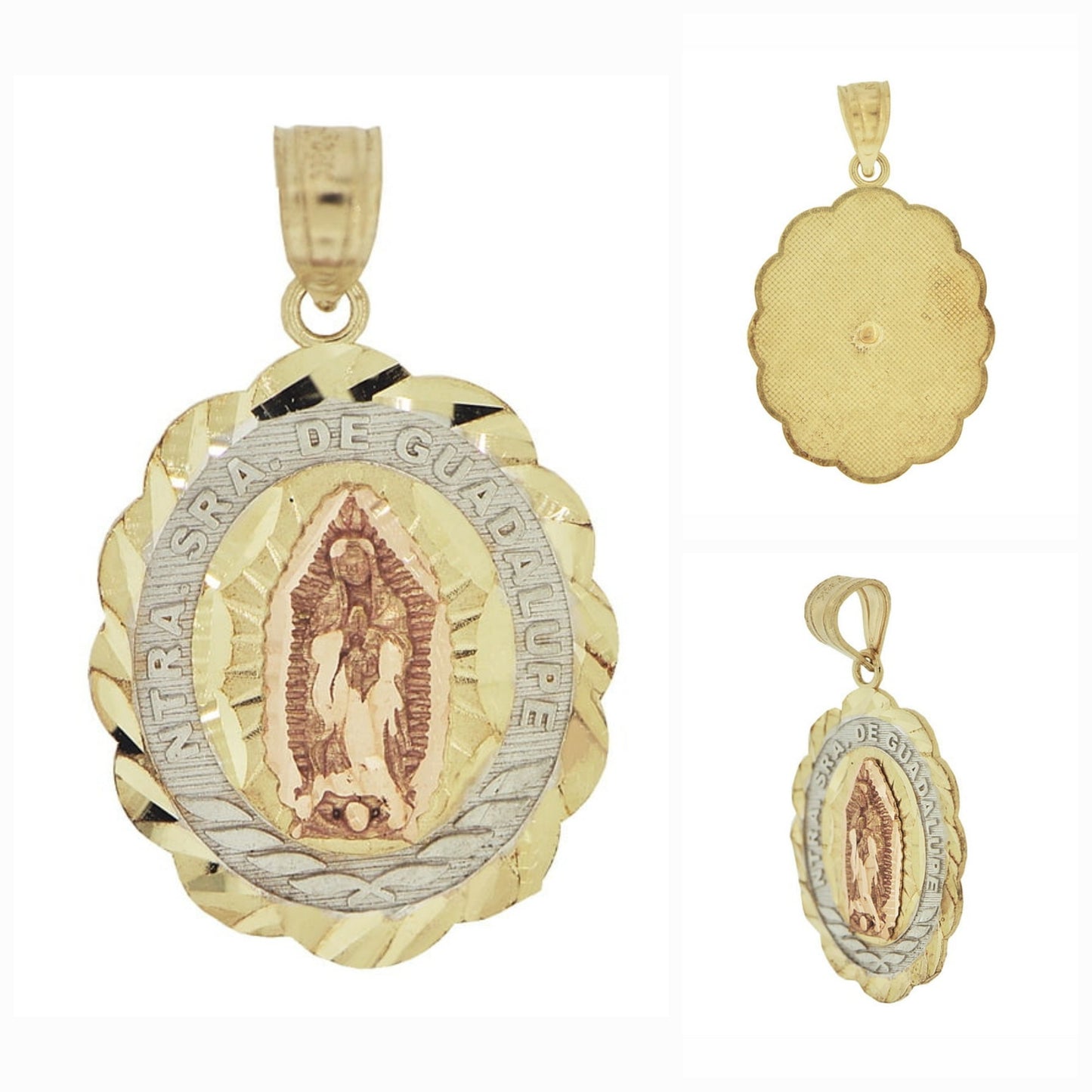 Virgin Mary Ntra Sra De Guadalupe Religious Charm Oval Sparkly Cuts 14K Gold Two Tone Pendant