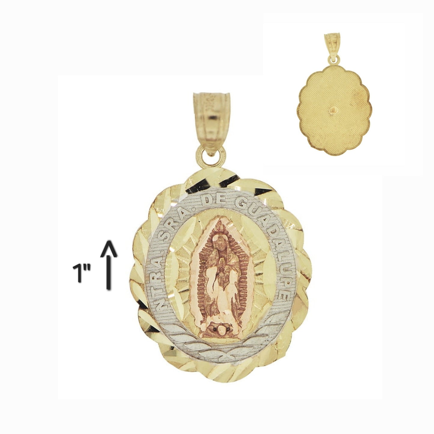 Virgin Mary Ntra Sra De Guadalupe Religious Charm Oval Sparkly Cuts 14K Gold Two Tone Pendant