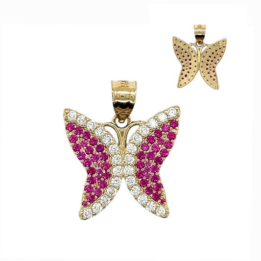 Colgante de mariposa con circonita cúbica de color rosa en oro de 14 quilates