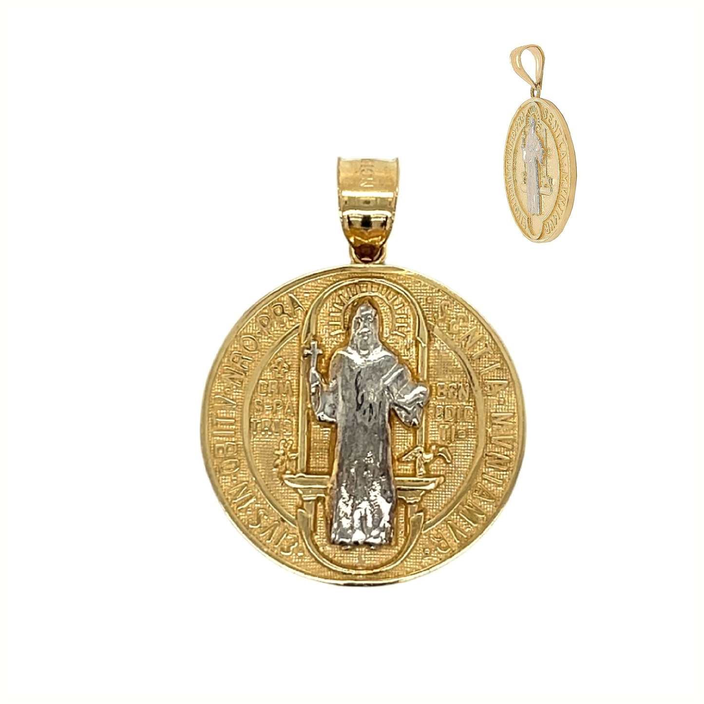 14K Gold Two Tone White Gold San Benito Benedict Round Medallion Pendant Charm