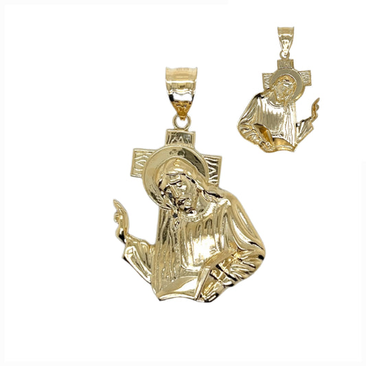 14K Gold Religious Plain Praying Jesus Carrying Cross Pendant